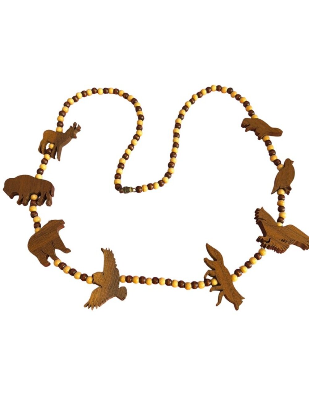 Vintage Wood Bead Fetish Necklace Carved Animals Beaver Buffalo Eagle Bear 28"
